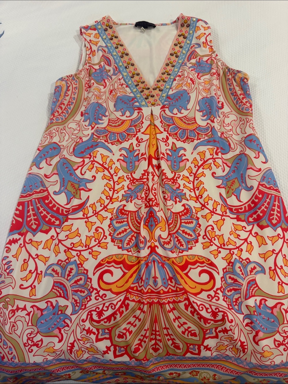 Hale Bob Sleeveless V-Neck Paisley Print Dress - Red, Blue, Yellow